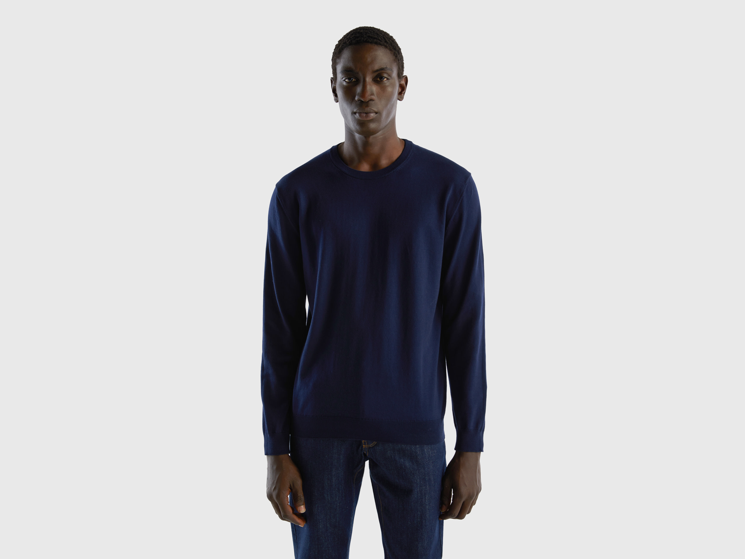 Benetton, Crew Neck Sweater In 100% Cotton, size XL, Dark Blue, Men
