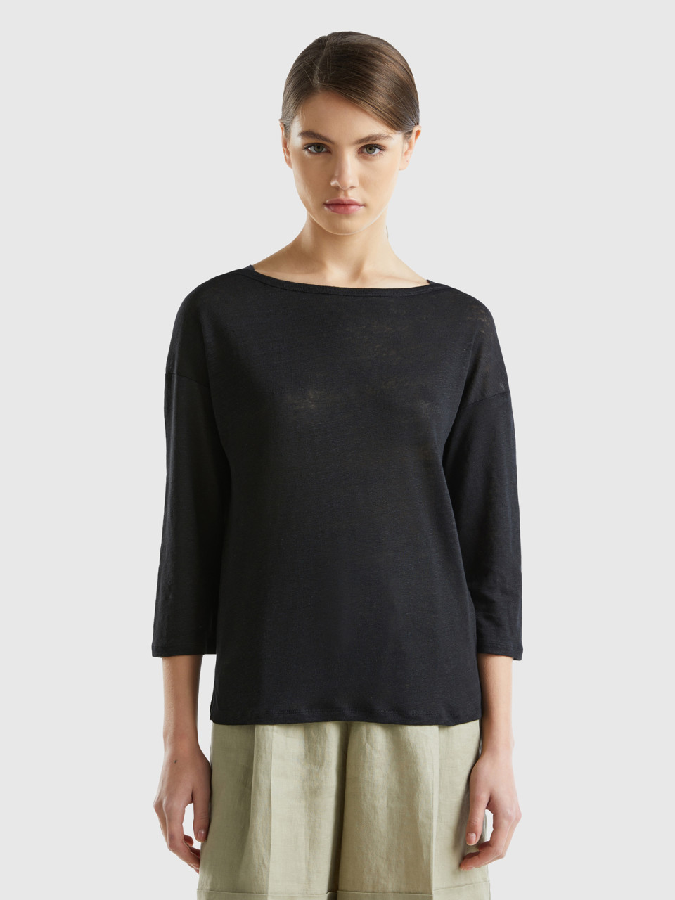 Benetton, 3/4 Sleeve T-shirt In Pure Linen, Black, Women