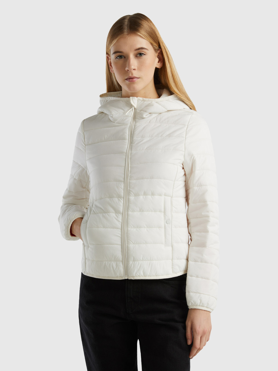 Benetton, Puffer Jacket With Recycled Wadding, Creamy White, Women