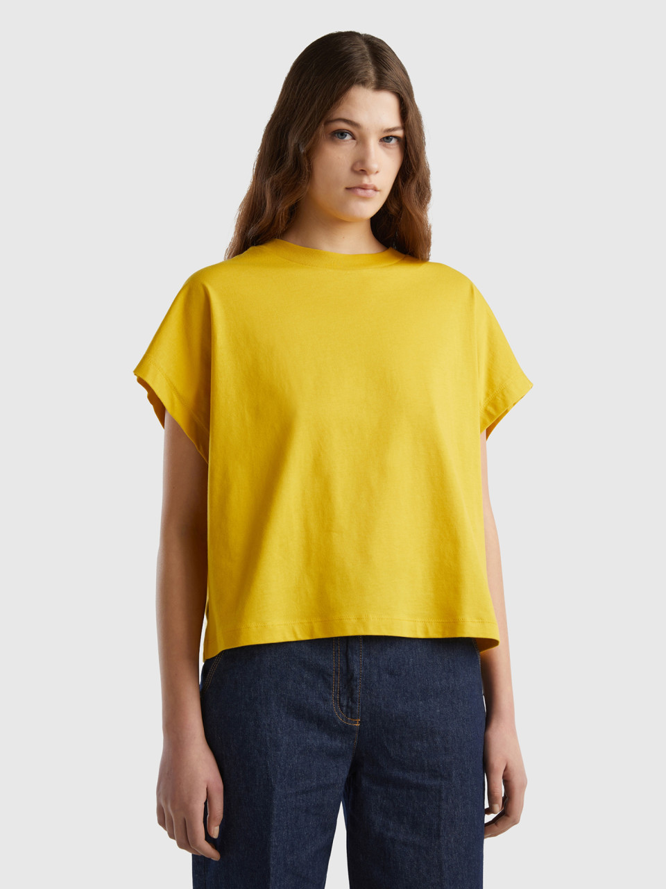 Benetton, Camiseta Con Mangas Kimono, Amarillo, Mujer