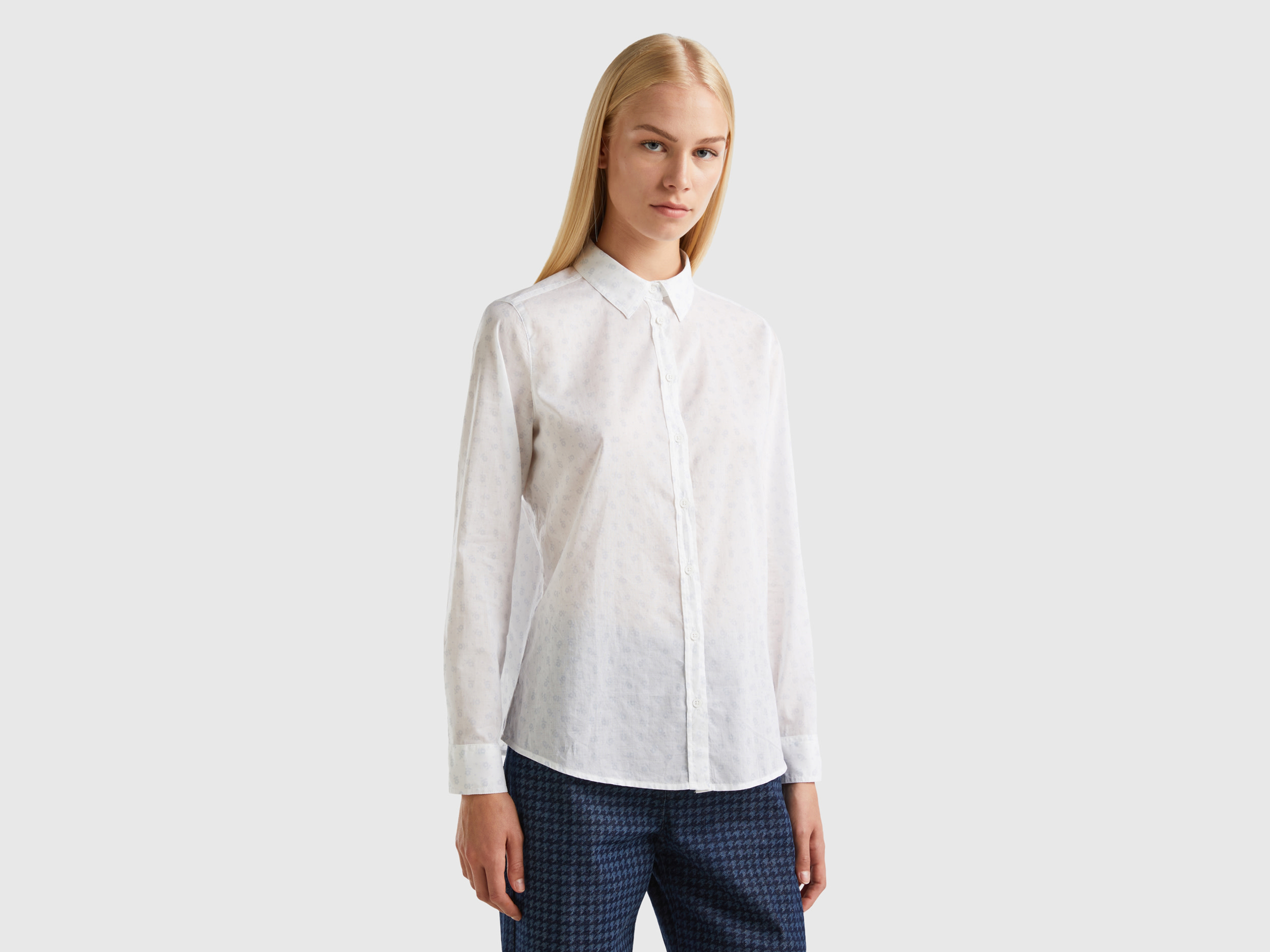 Benetton, White Floral Shirt, size XL, White, Women