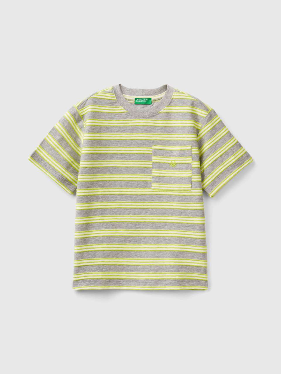 Benetton, Gestreiftes T-shirt Mit Täschchen, Gelbgrün, male