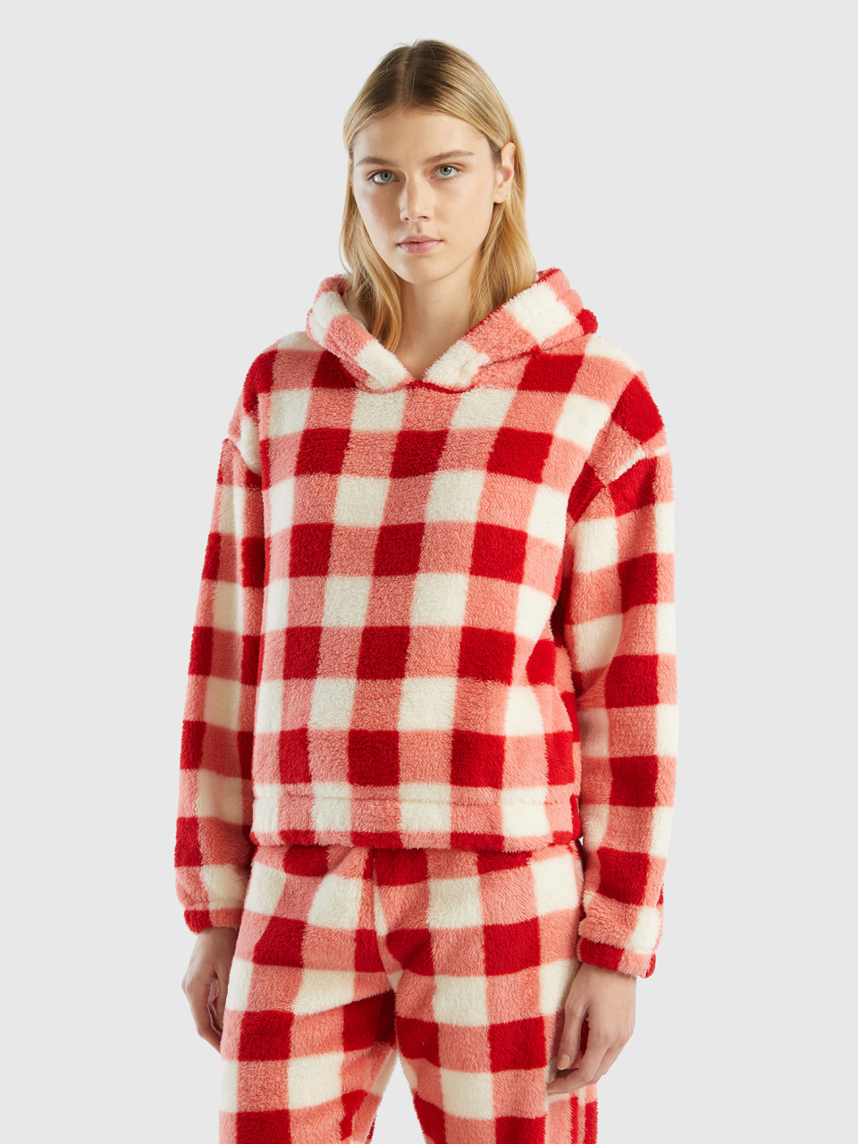 Benetton, Hooded Top In Checked Fur, Red, Women