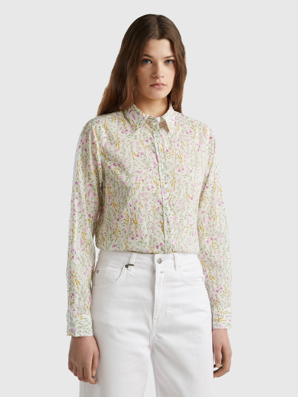 Benetton, 100% Cotton Patterned Shirt, White, Women