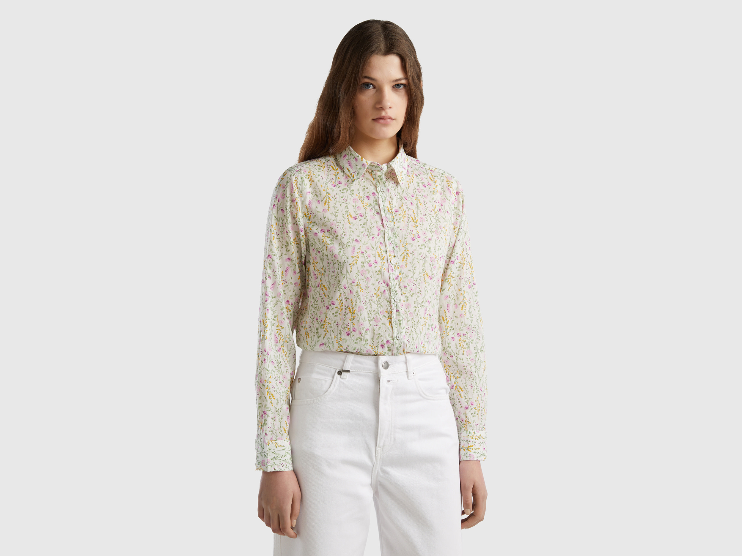 Benetton, 100% Cotton Patterned Shirt, size M, White, Women