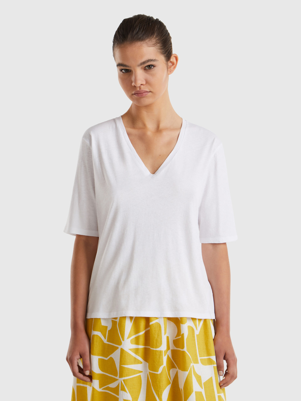 Benetton, T-shirt In Cotton And Linen Blend, White, Women