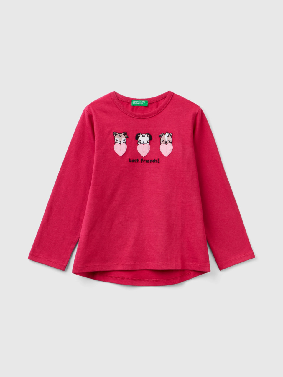 Benetton, T-shirt With Embroidery And Appliques, Cyclamen, Kids