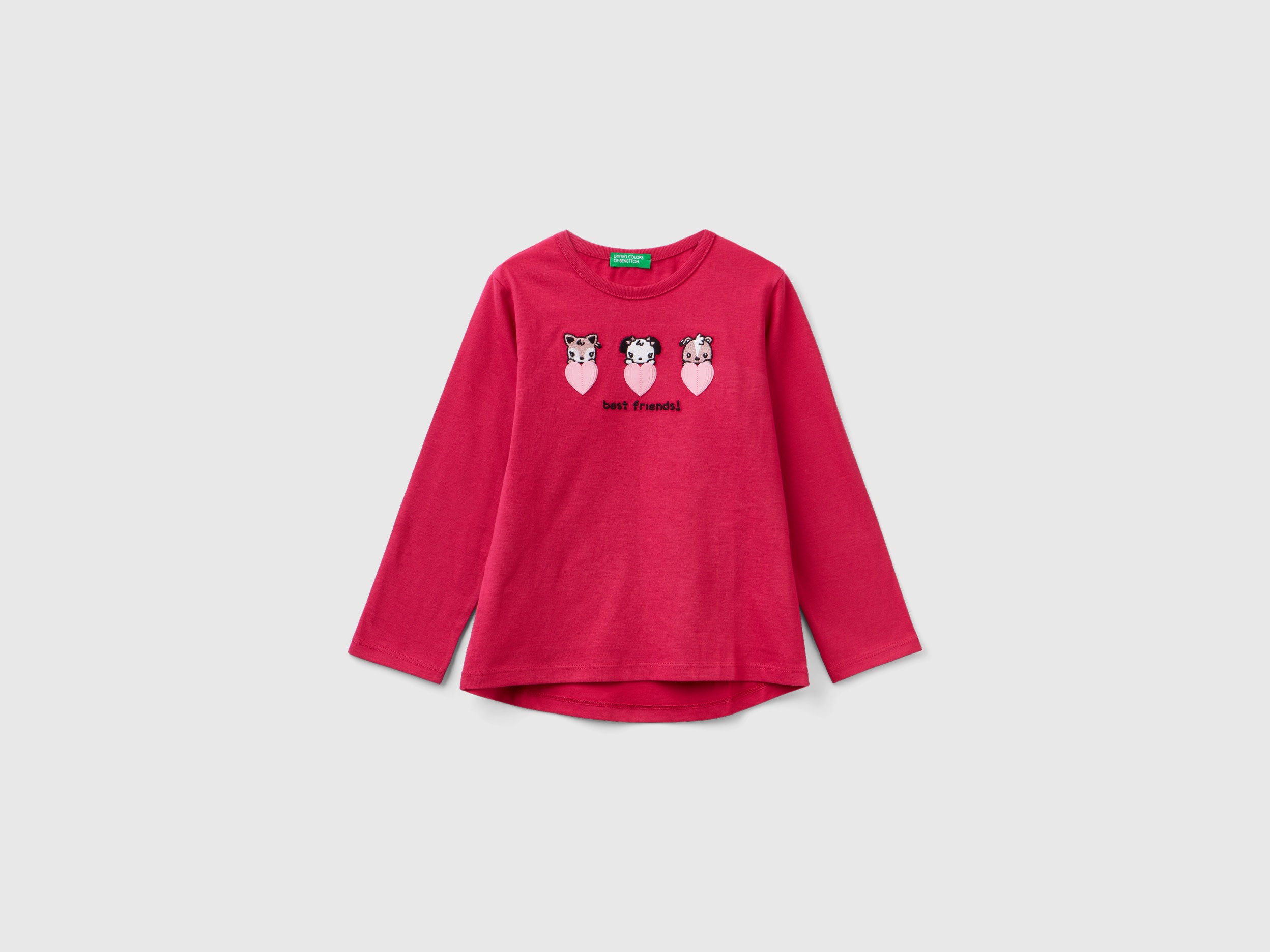 Benetton, T-shirt With Embroidery And Appliques, size 5-6, Cyclamen, Kids