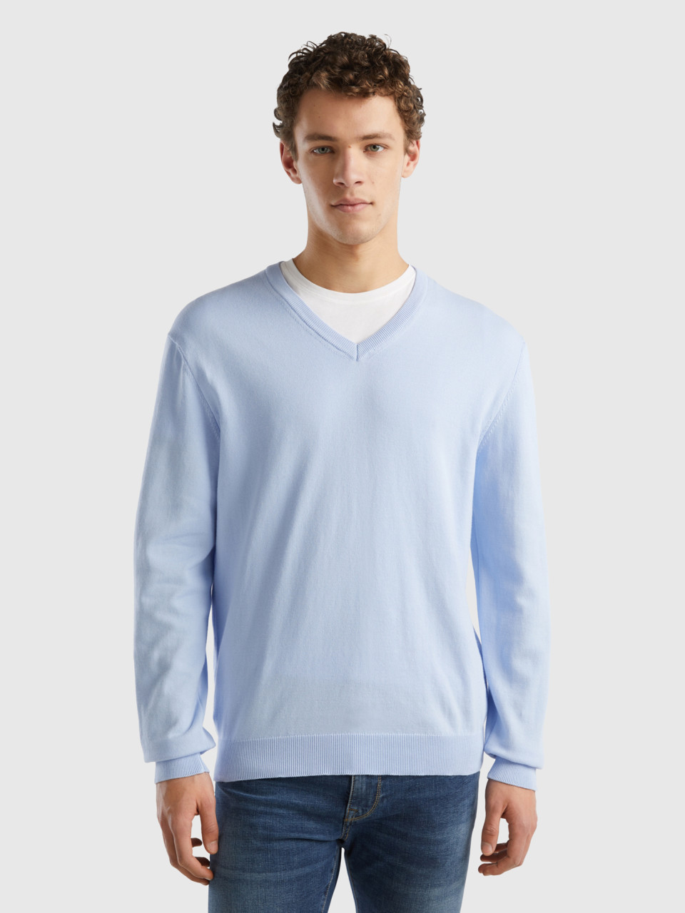 Benetton, V-neck Sweater In Pure Cotton, Sky Blue, Men
