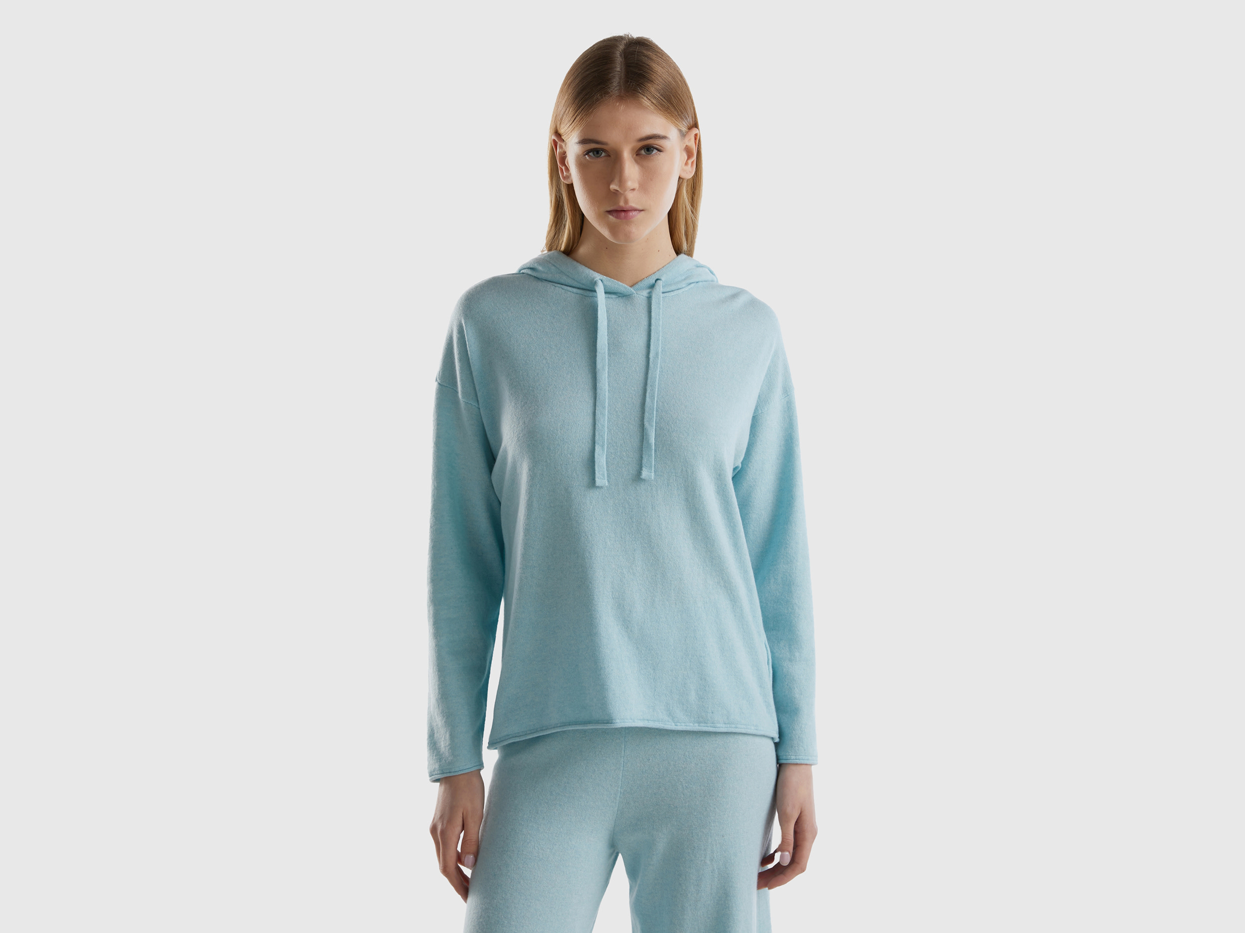 Benetton, Light Gray Cashmere Blend Sweater With Hood, size XL, Light Gray, Women