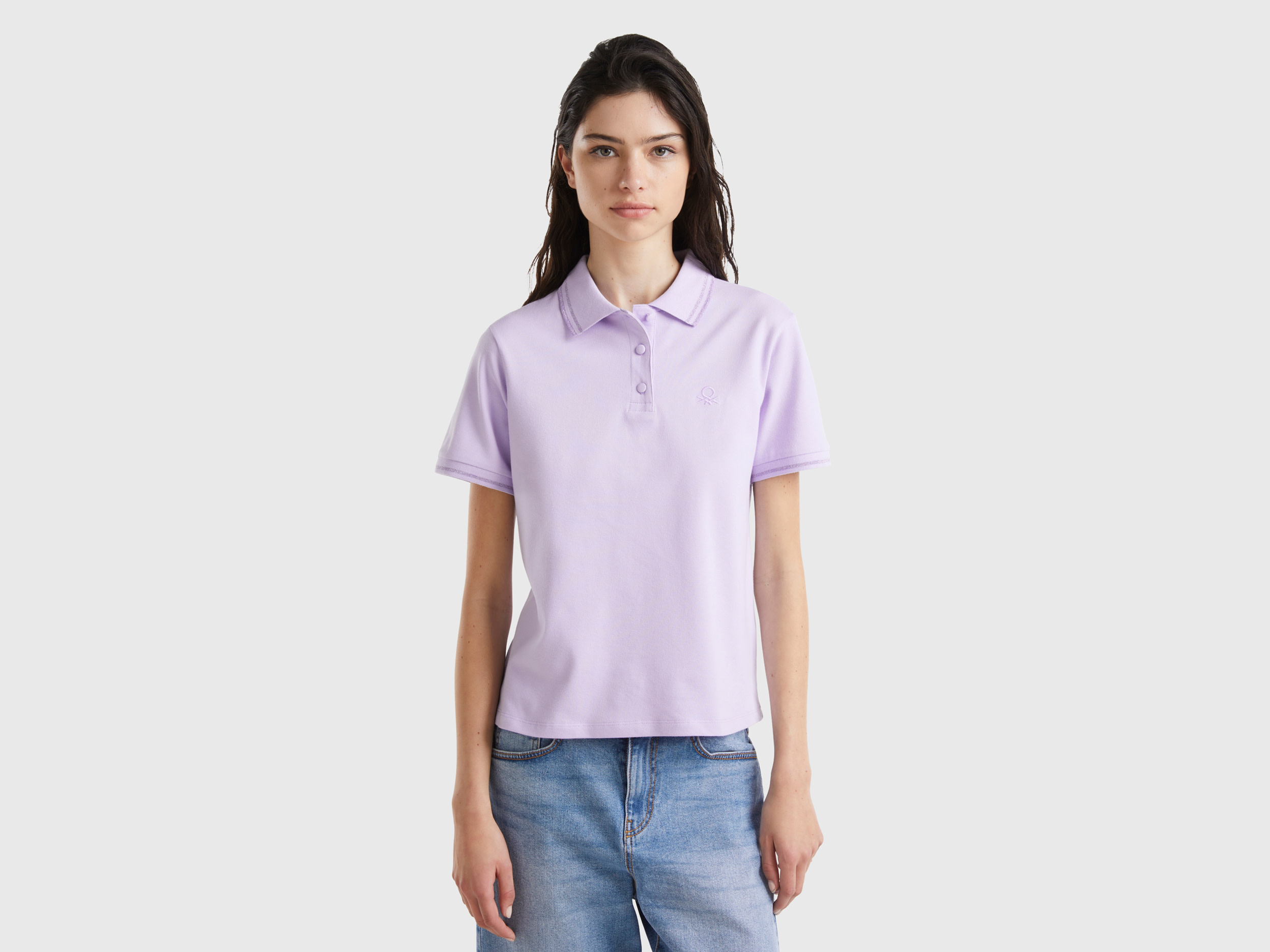 Image of Benetton, Lilac Polo In Stretch Organic Cotton, size L, Lilac, Women