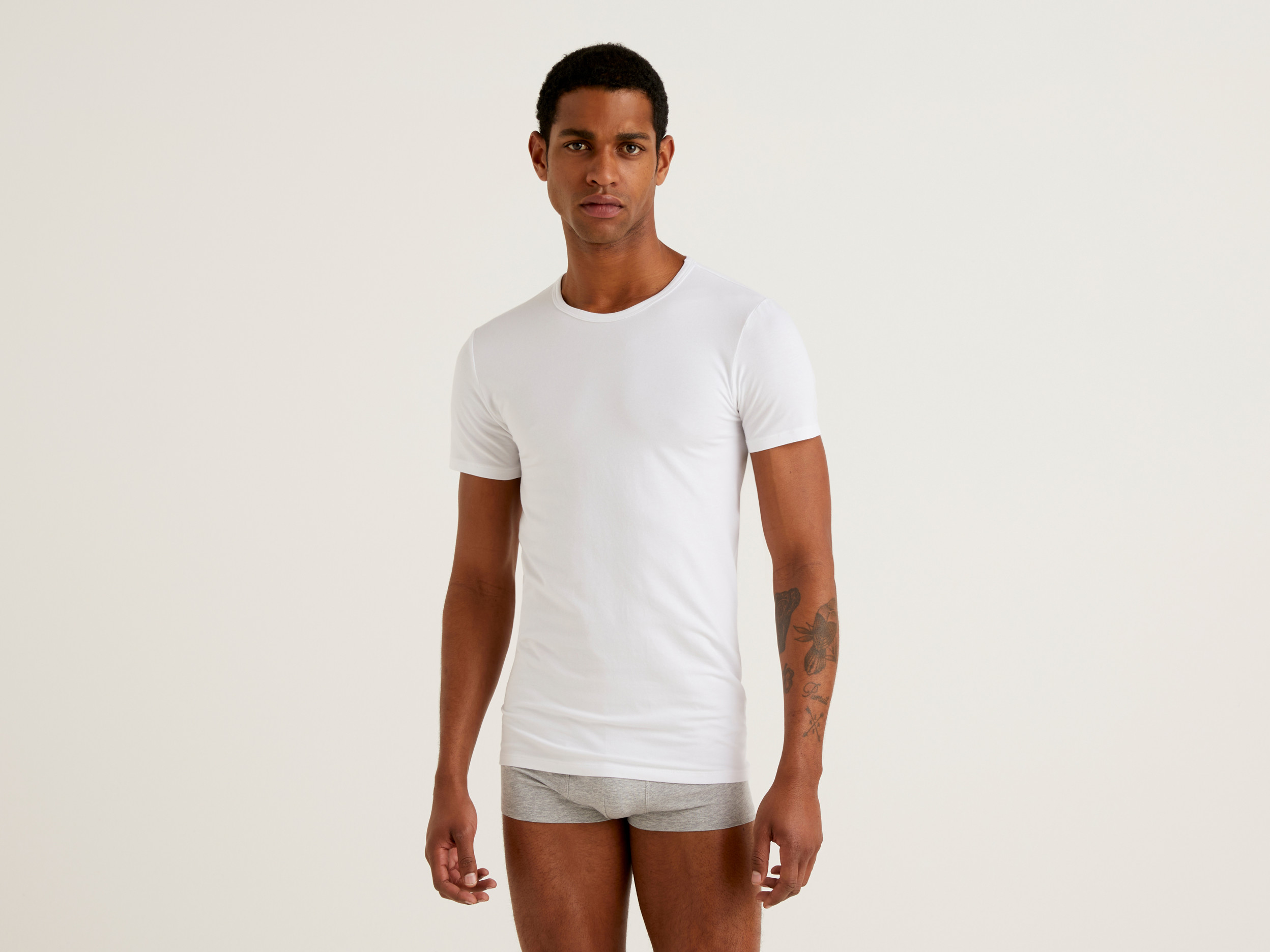 Benetton, T shirt In Cotone Biologico Stretch, Bianco, Uomo