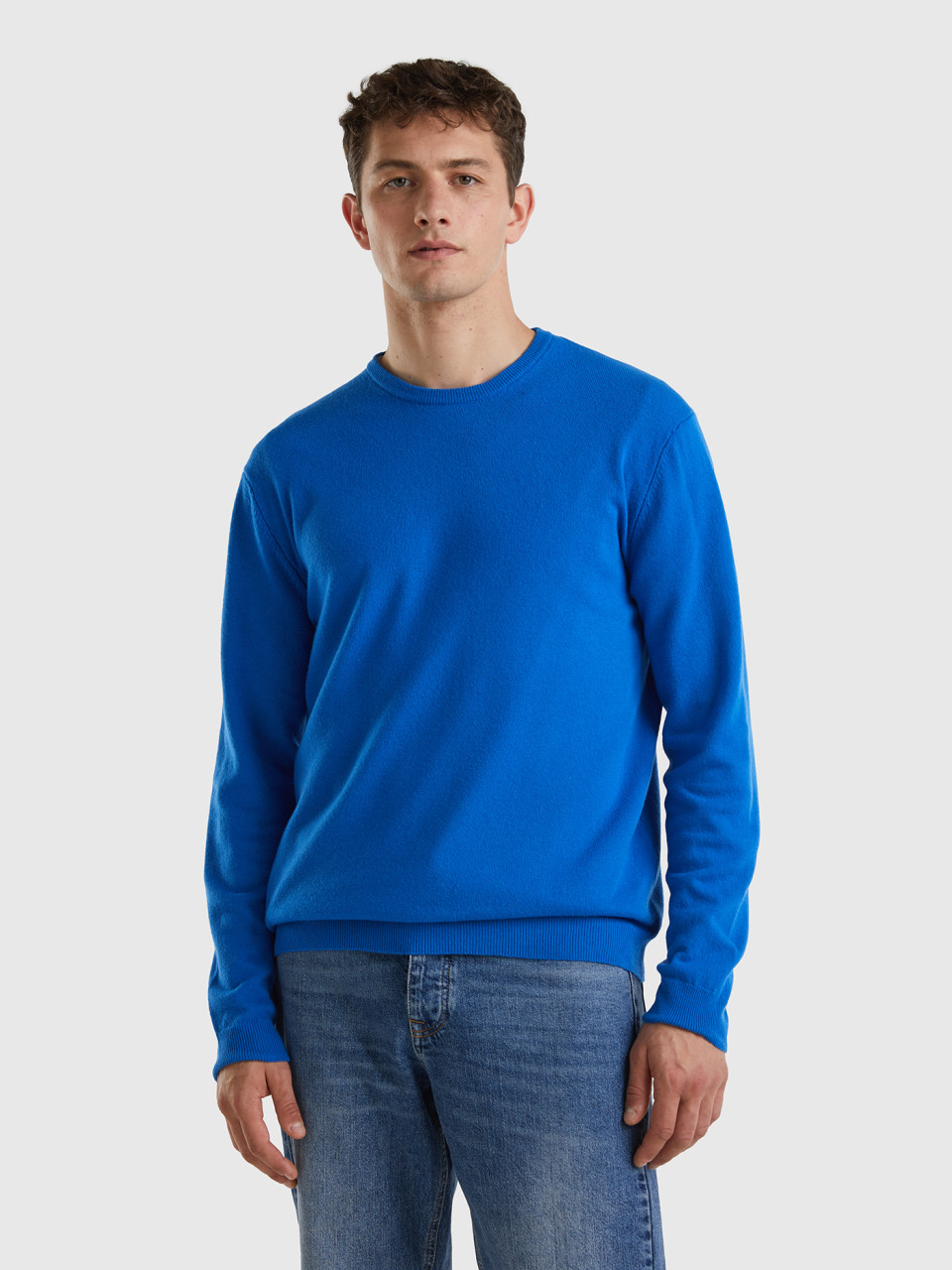 Benetton, Cornflower Blue Crew Neck Sweater In Pure Merino Wool, Bright Blue, Men