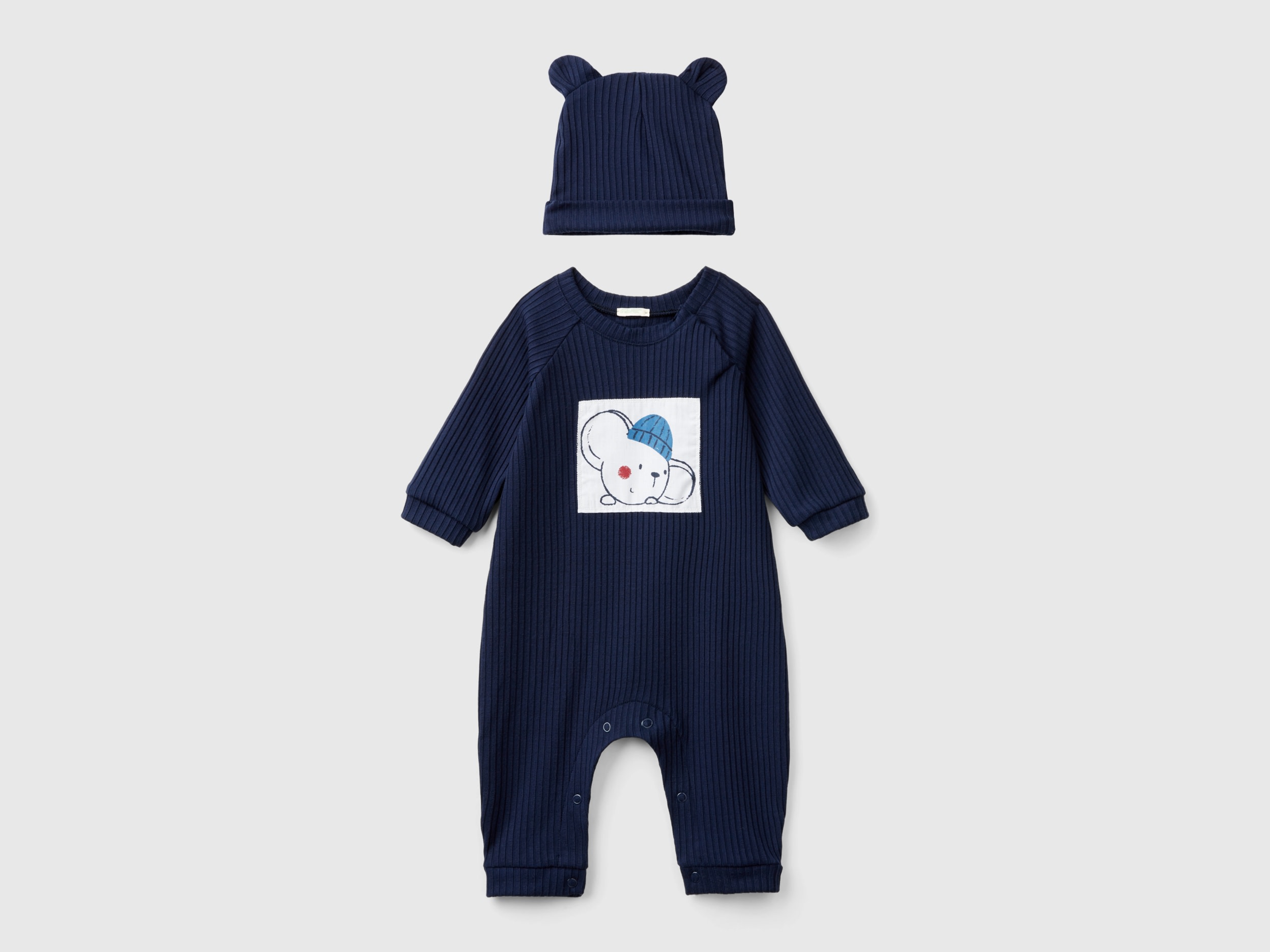 Benetton, Set Tutina E Cappellino In Misto Viscosa Stretch, Blu Scuro, Bambini