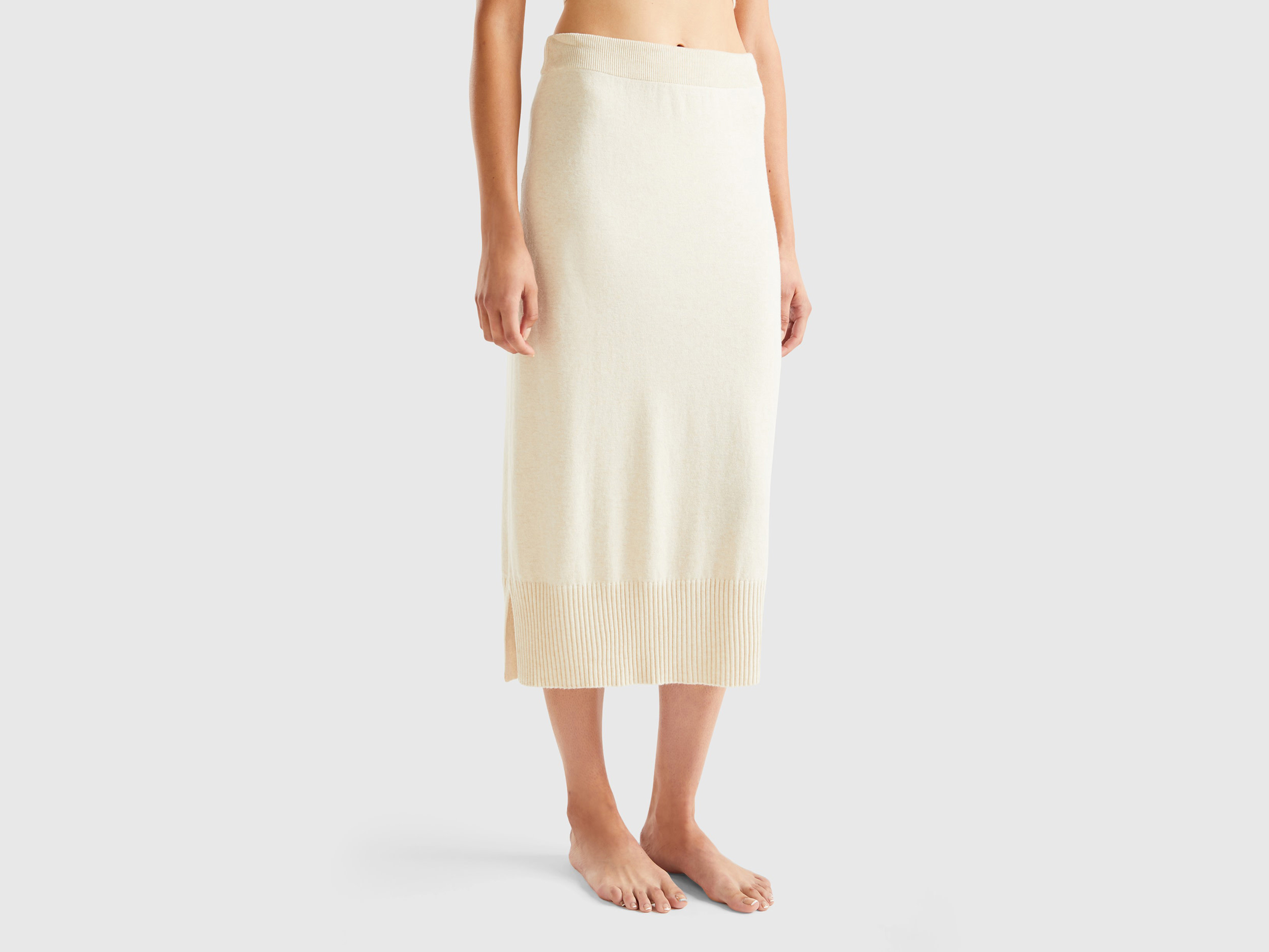 Benetton, Pencil Skirt In Cashmere Blend, size S, Creamy White, Women
