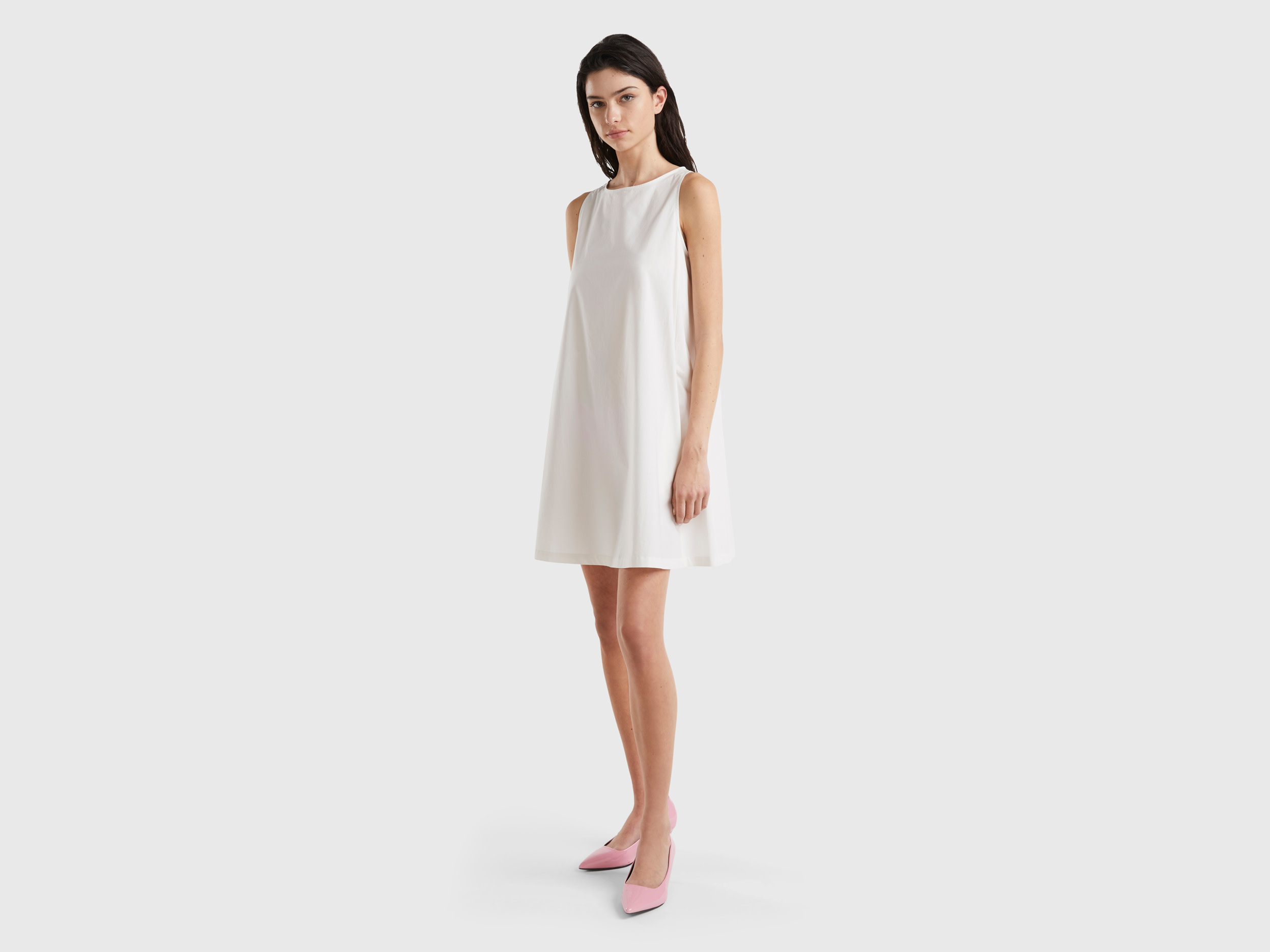 Benetton, Abito Smanicato A Trapezio, Bianco Panna, Donna