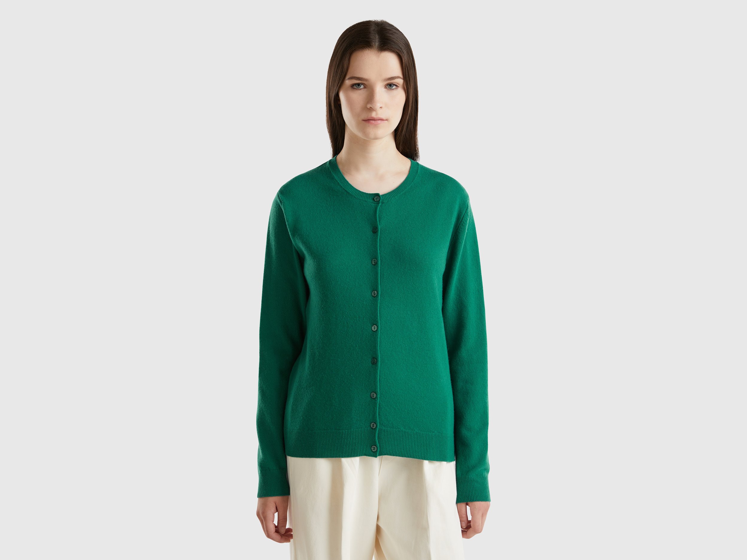 Benetton, Cardigan Girocollo Verde Bosco In Pura Lana Merino, Verde Scuro, Donna