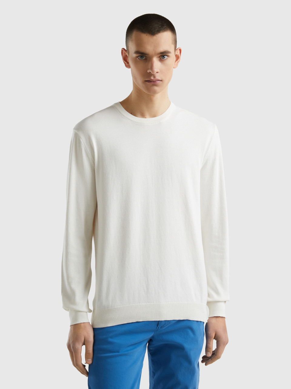 Benetton, Crew Neck Sweater In 100% Cotton, Creamy White, Men