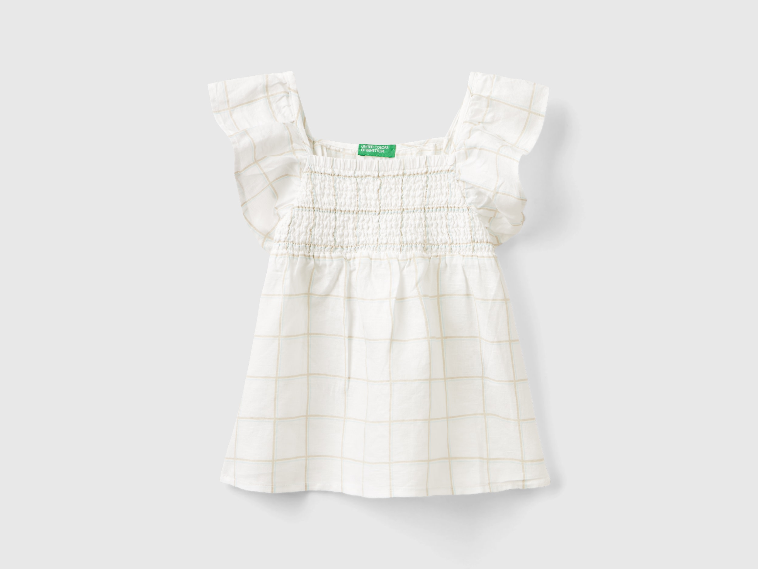 Benetton, Blusa Fantasia In Misto Lino, Bianco, Bambini