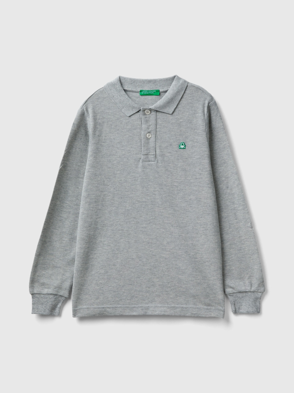 Benetton, 100% Organic Cotton Long Sleeve Polo, Light Gray, Kids