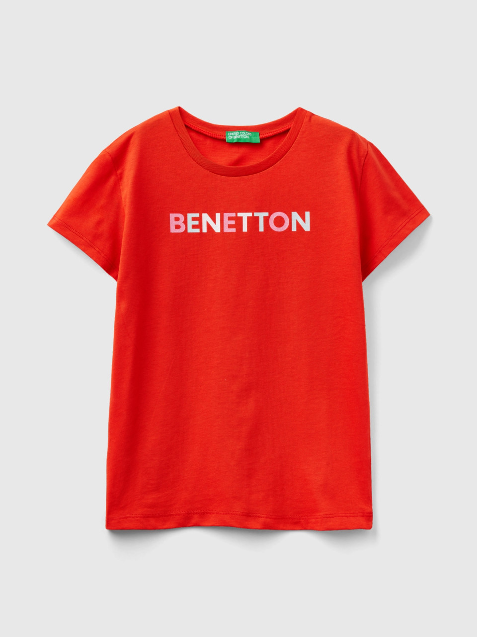 Benetton, T-shirt Con Logo Glitter In Cotone Bio, Rosso, Bambini
