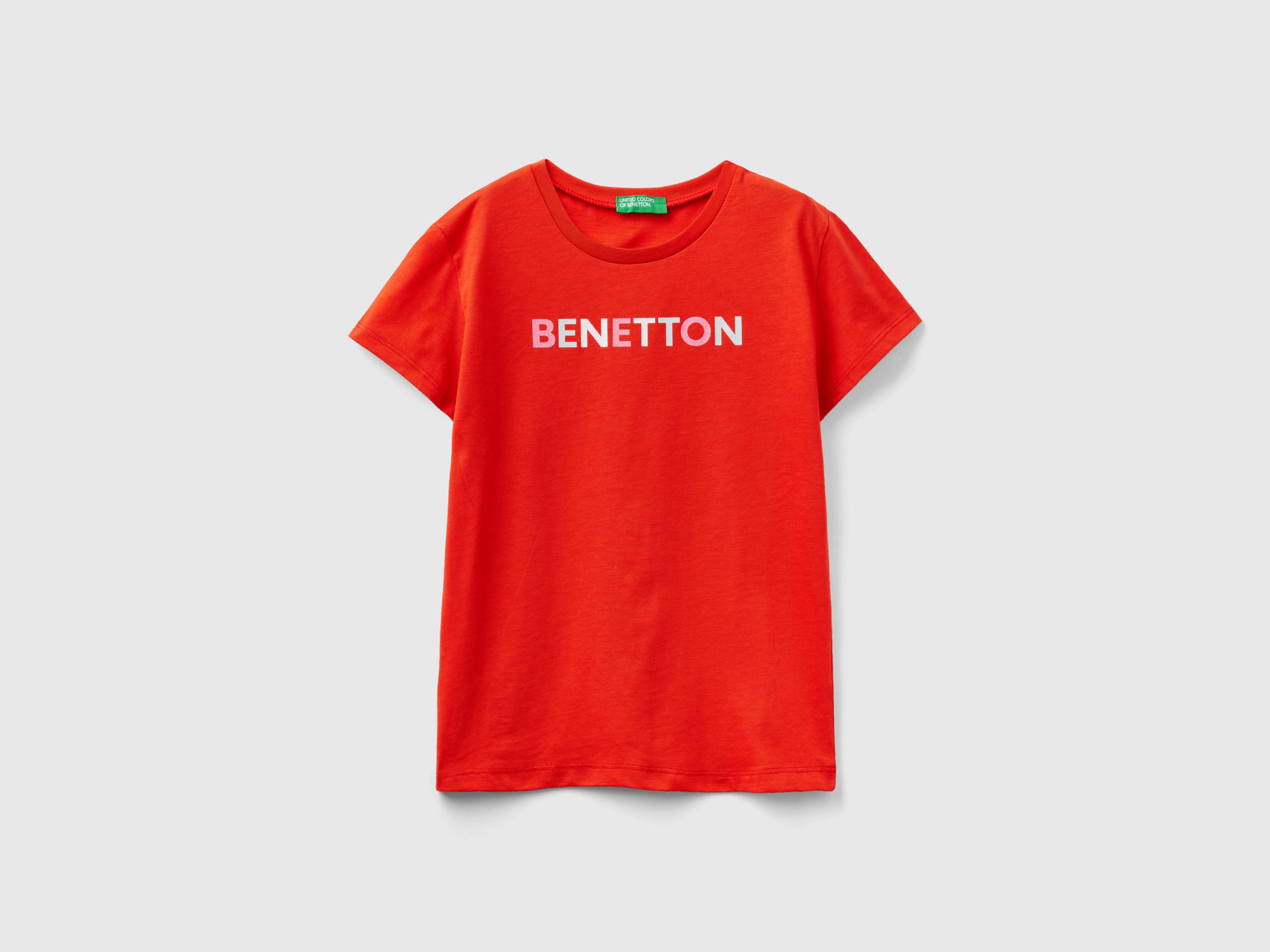 Image of Benetton, T-shirt With Glittery Logo In Organic Cotton, size L, Red, Kids
