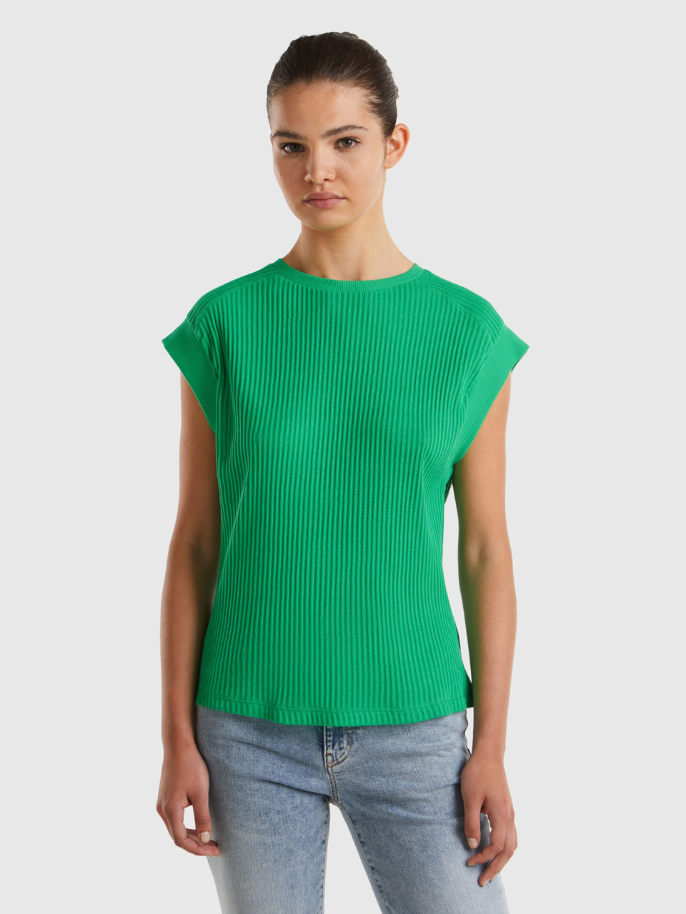 Benetton, Camiseta Comfort Fit, Verde, Mujer