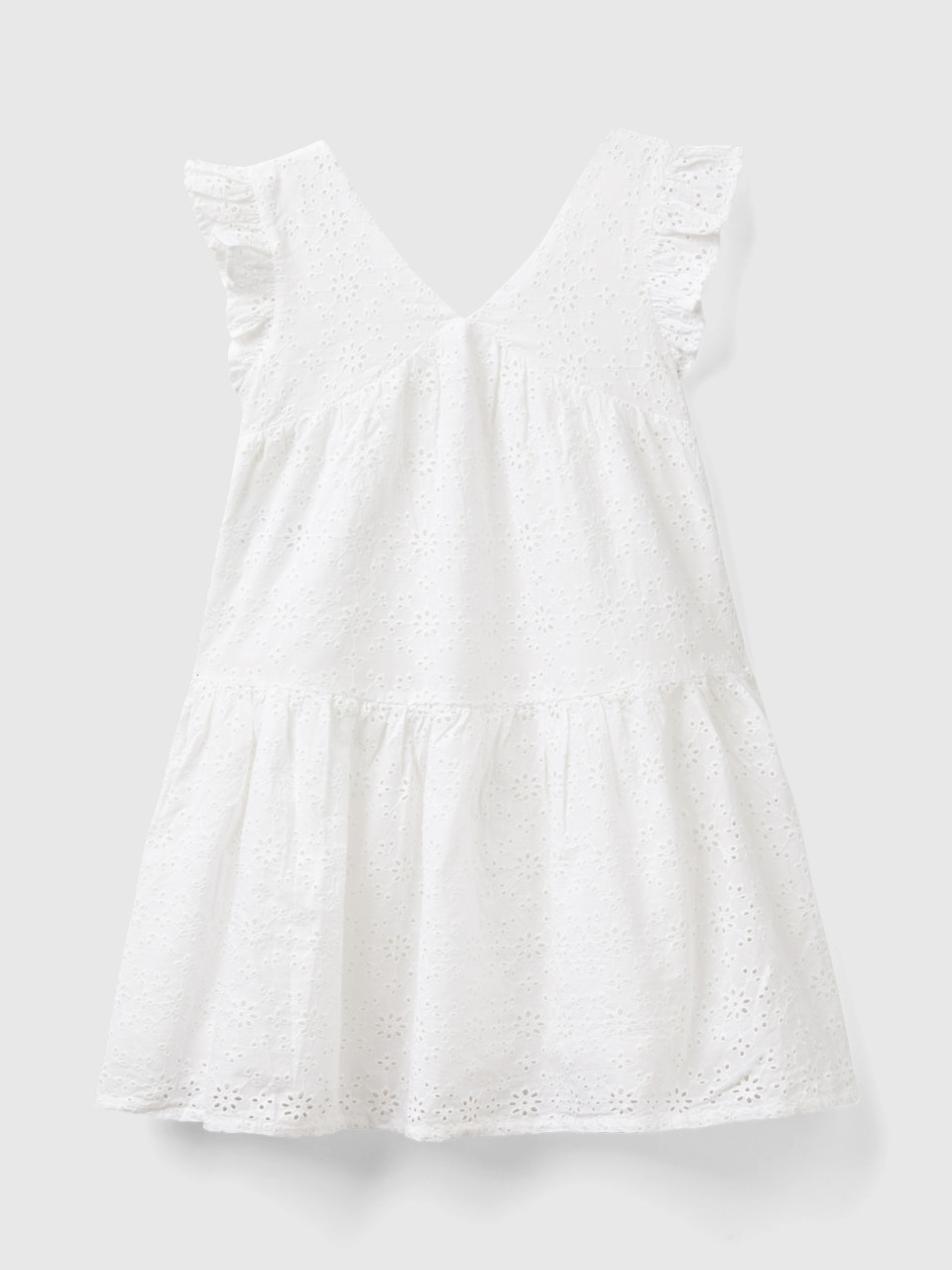 Benetton, Dress With Broderie Anglaise Embroidery, White, Kids