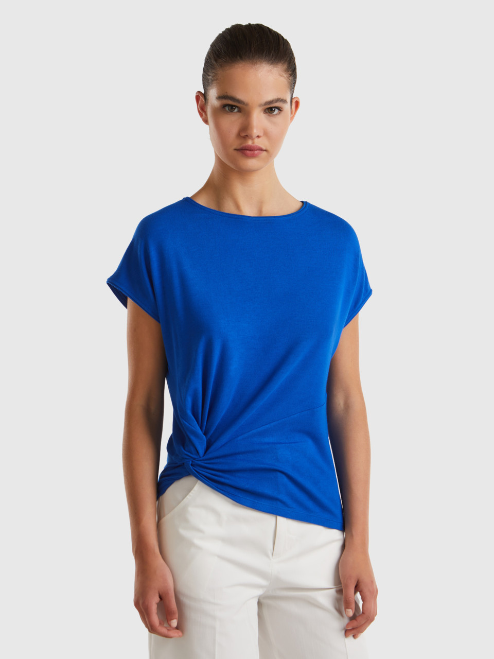 Benetton, Camiseta Fluida Con Nudo, Azulado, Mujer