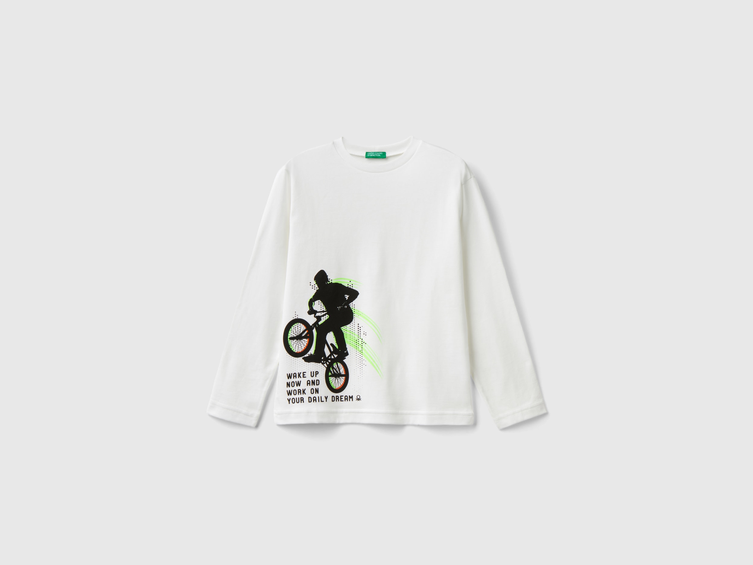 Benetton, Maglietta Manica Lunga Con Stampa, Bianco, Bambini
