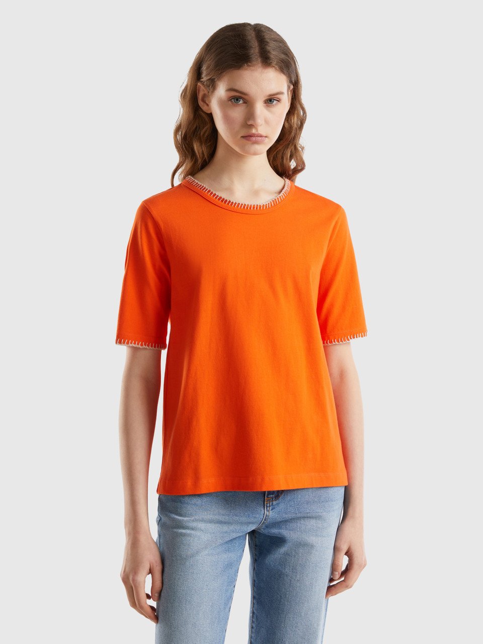 Benetton, Camiseta De Algodón Con Cuello Redondo, Naranja, Mujer