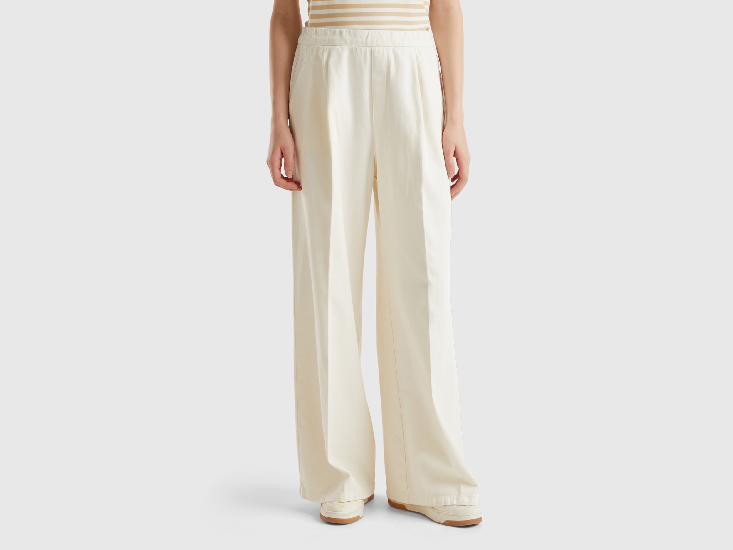 Benetton, Pantaloni Palazzo A Vita Alta, Bianco Panna, Donna