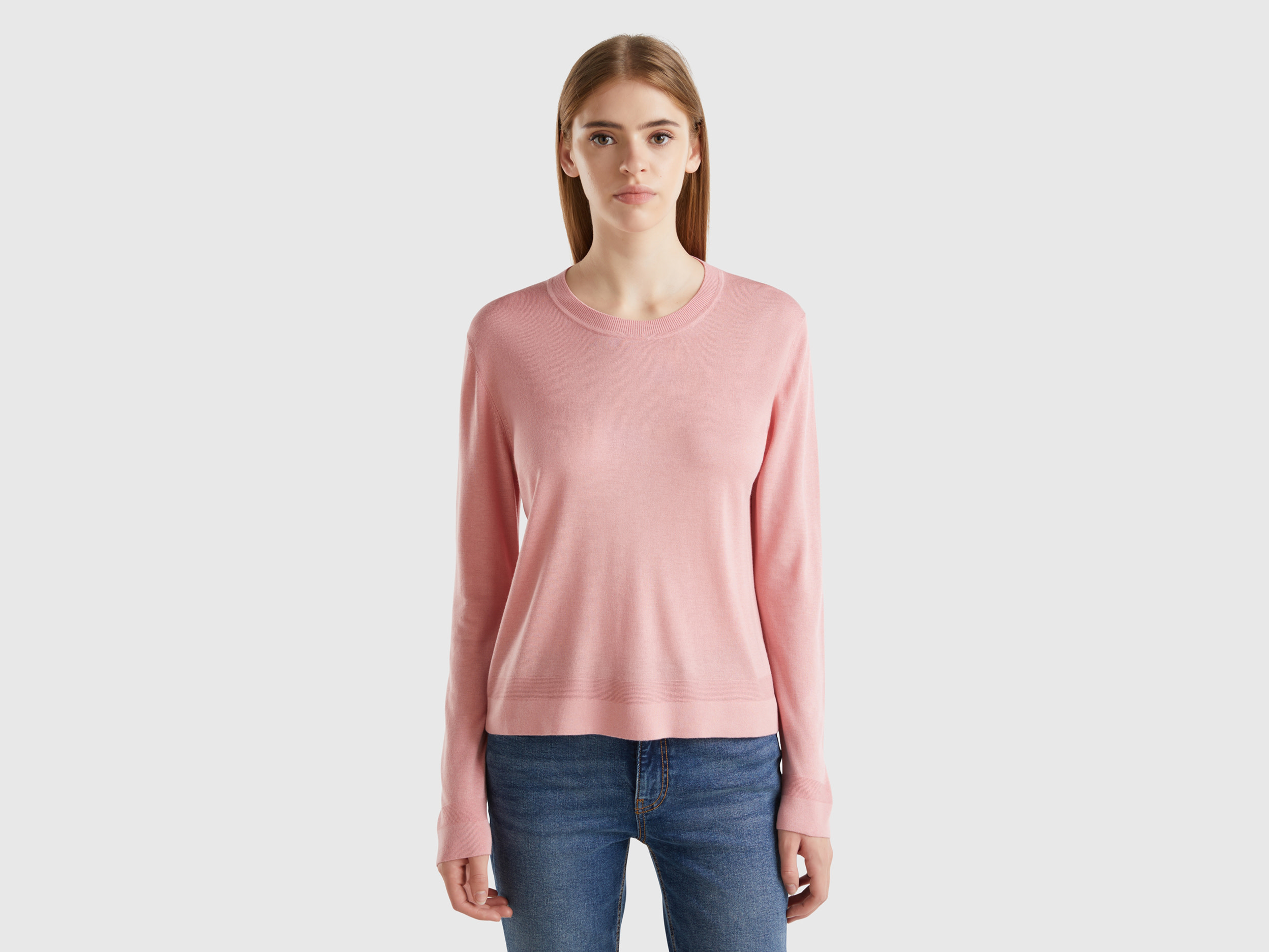 Benetton, Maglia Manica Lunga In Misto Seta, Rosa, Donna