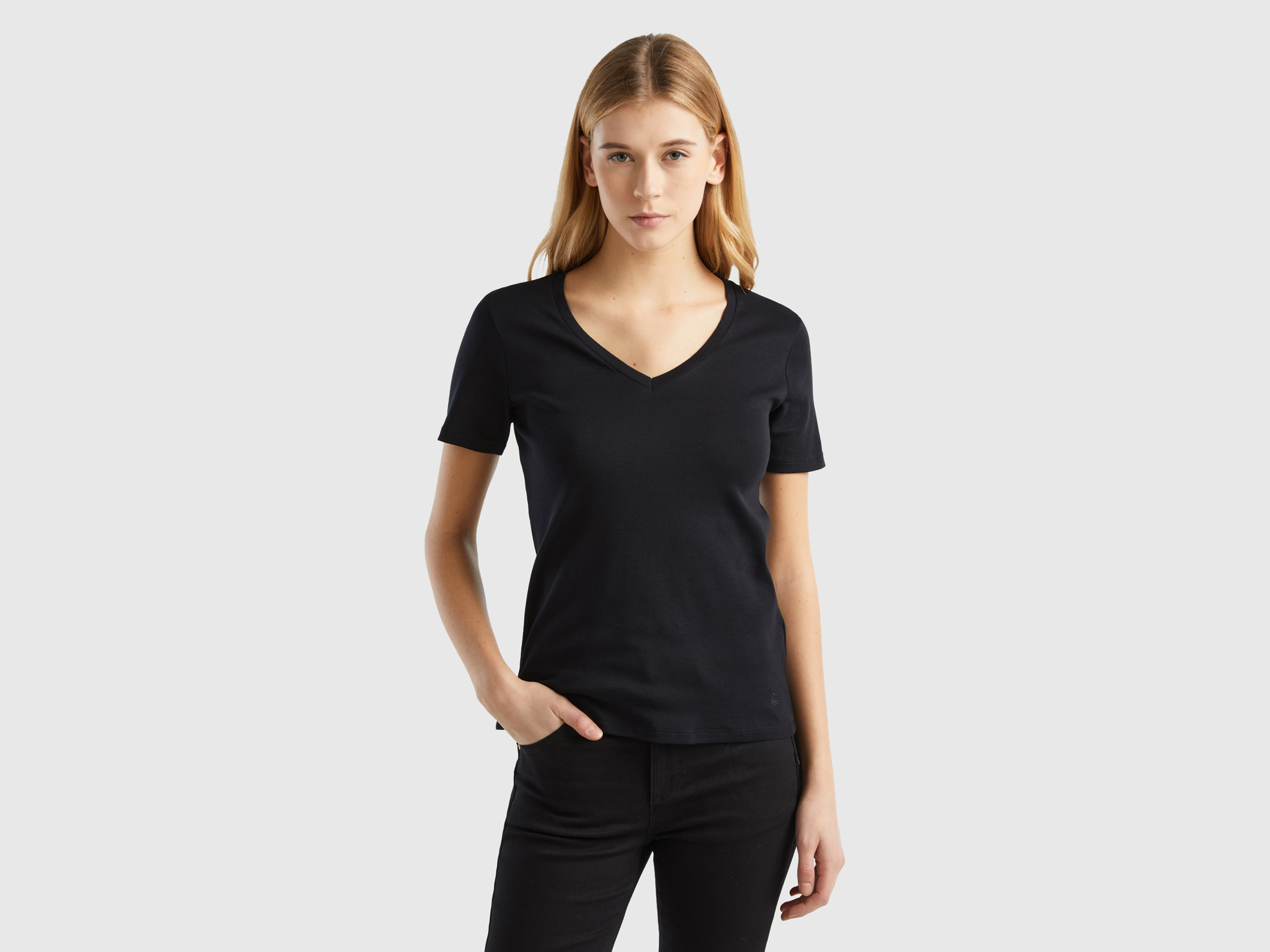 Benetton, Pure Cotton T-shirt With V-neck, size XL, Black, Women