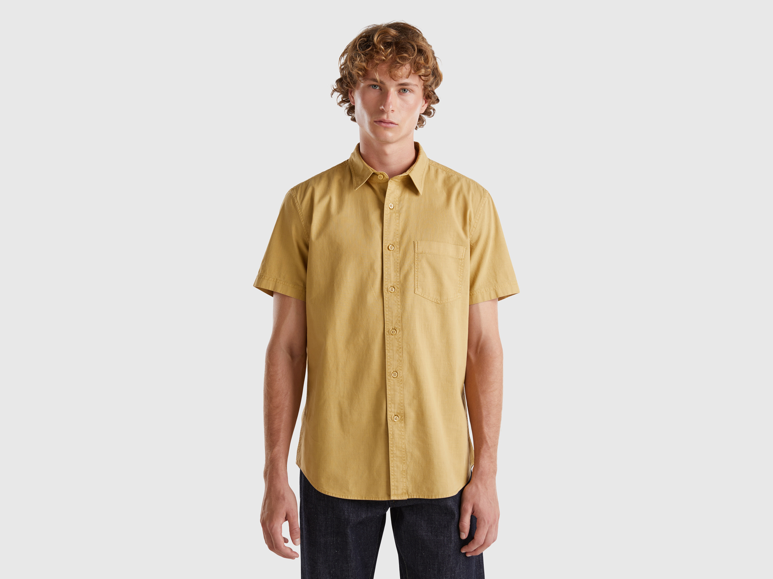 Benetton, Camicia Con Taschino, Cammello, Uomo