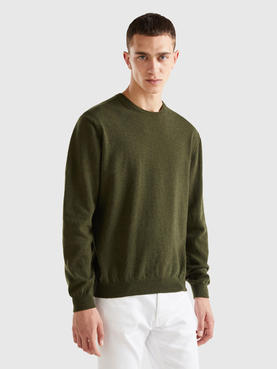 Benetton, Military Green Crew Neck Sweater In Pure Merino Wool, Military Green, Men