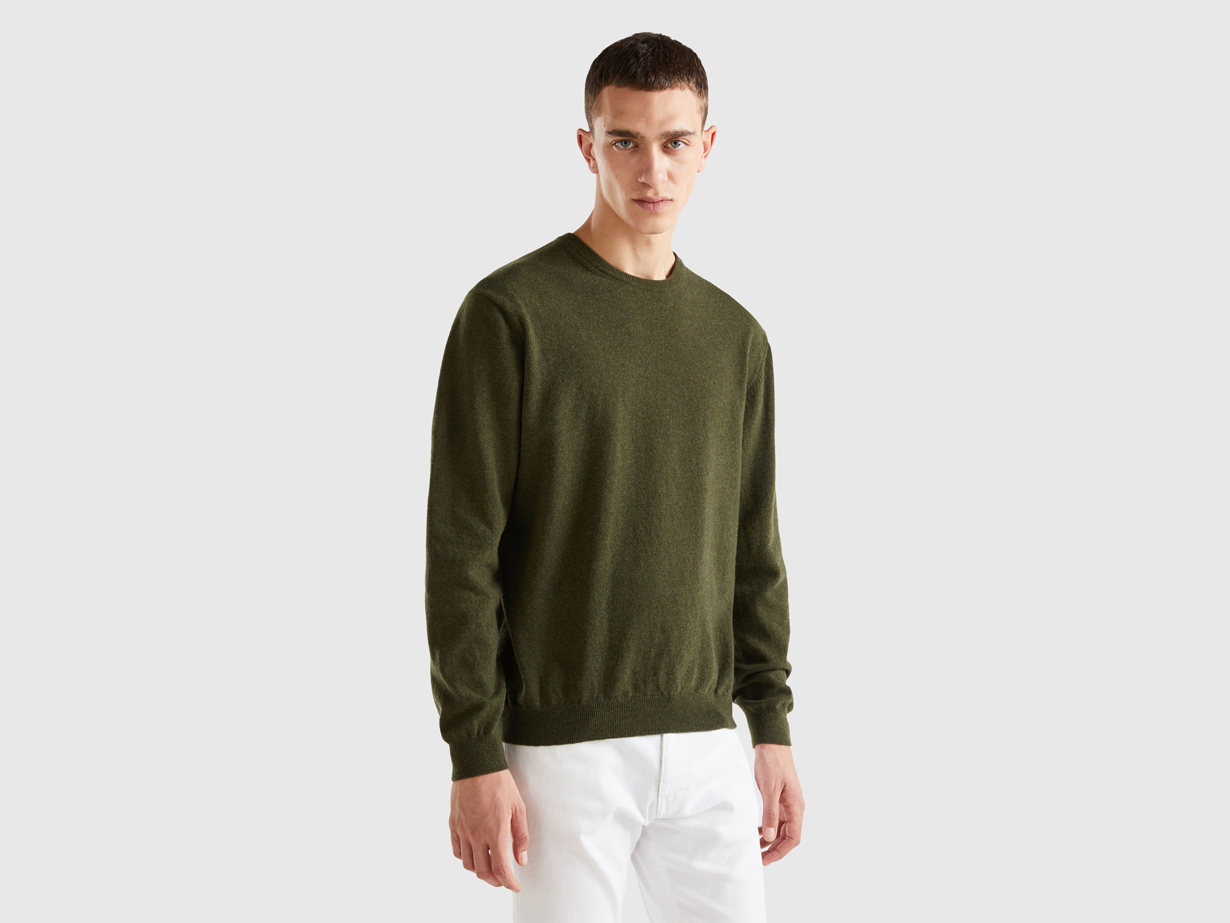 Benetton, Military Green Crew Neck Sweater In Pure Merino Wool, size M, Military Green, Men