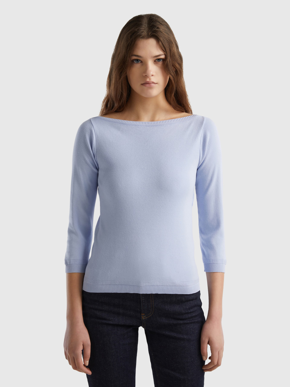 Benetton, 100% Cotton Boat Neck Sweater, Sky Blue, Women