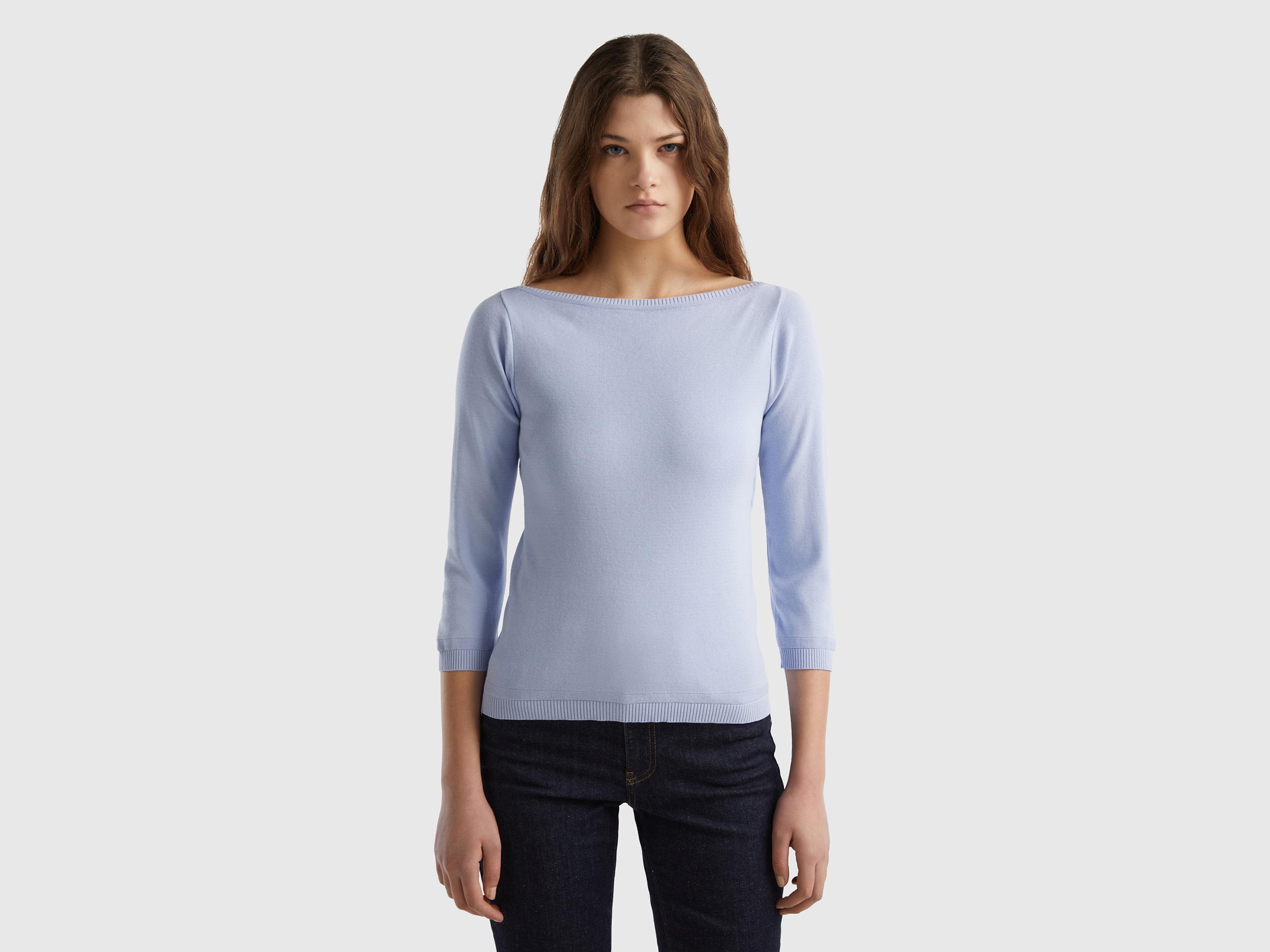 Benetton, 100% Cotton Boat Neck Sweater, size S, Sky Blue, Women