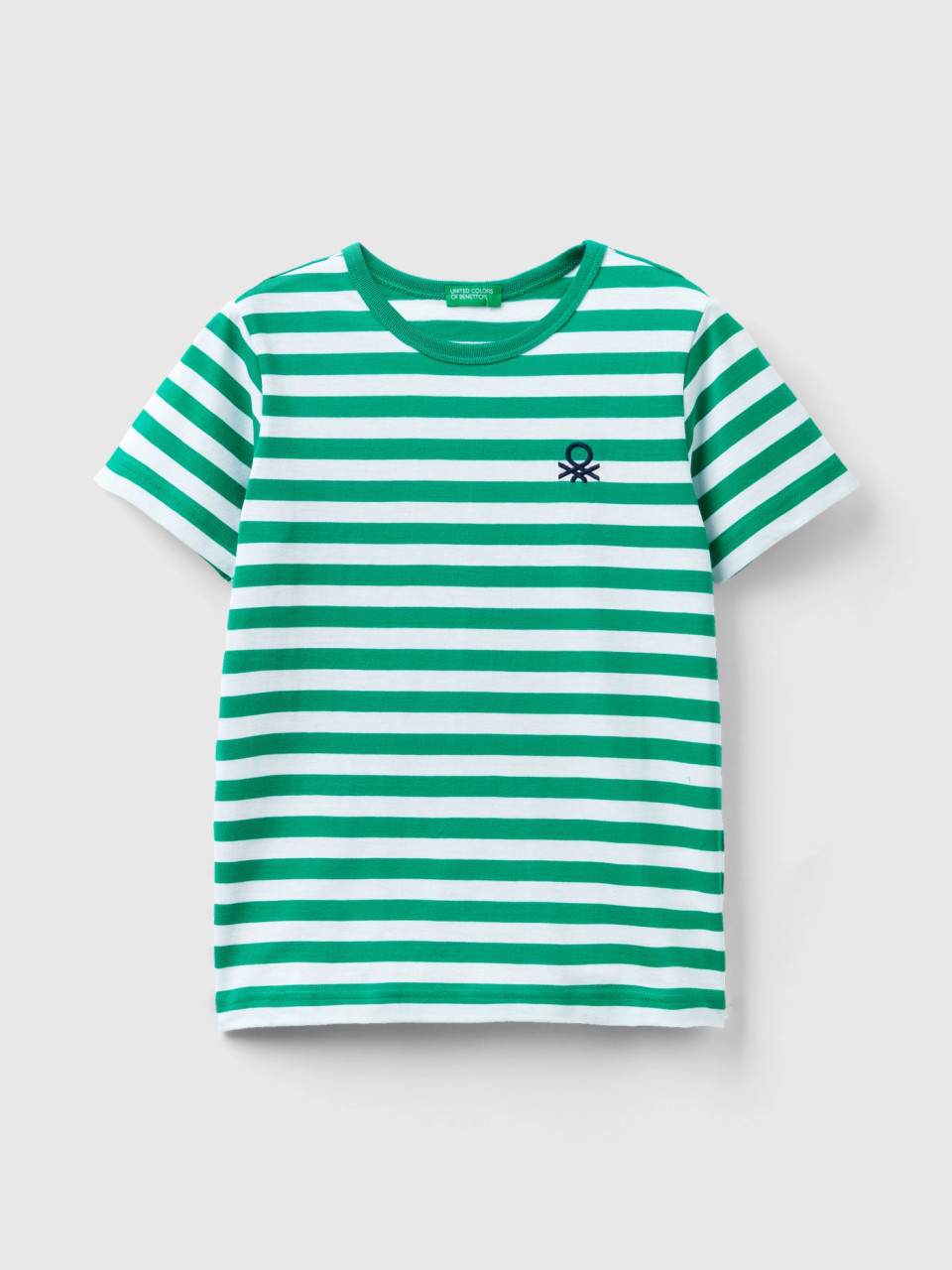 Benetton, Camiseta De Rayas De 100 % Algodón, Verde, Niños