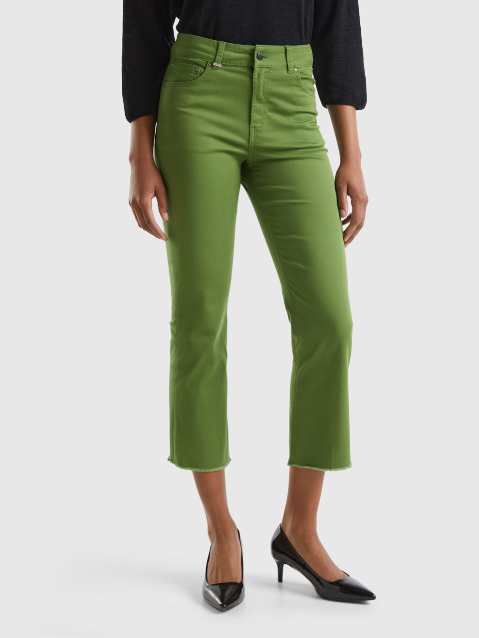 Benetton, Five-pocket Cropped Trousers, Military Green, Women