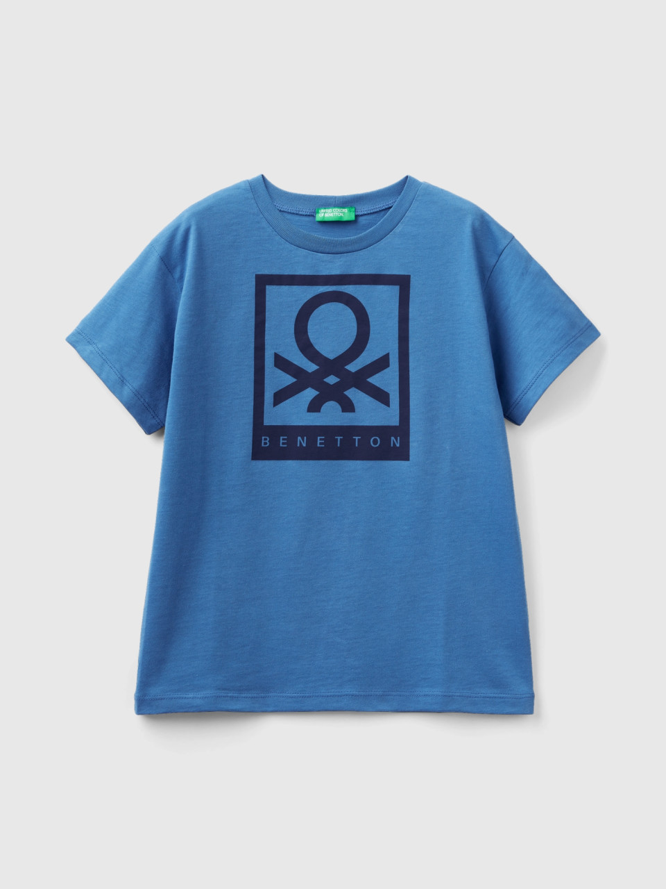 Benetton, T-shirt 100% Cotone Con Logo, Blu, Bambini