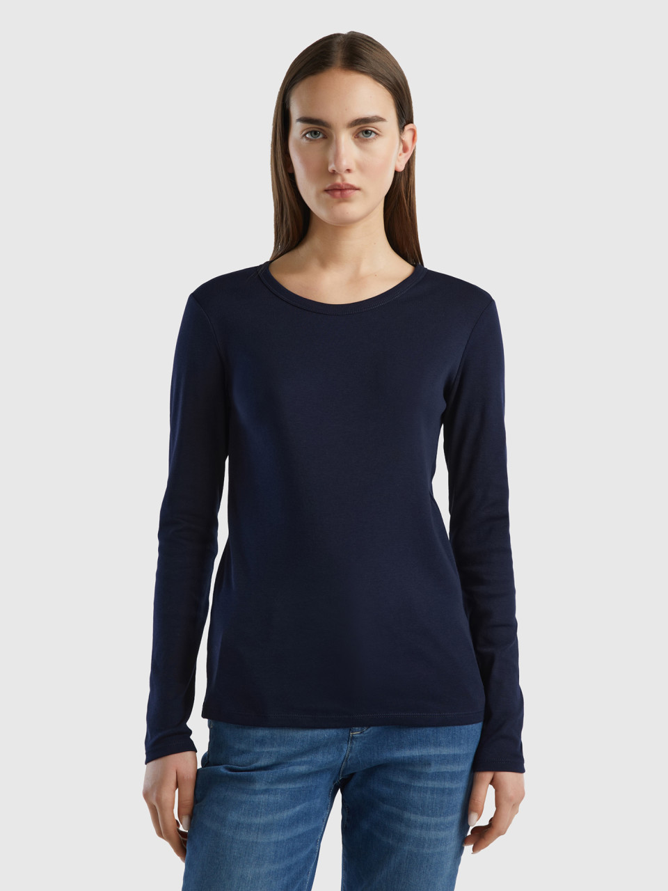 Benetton, Long Sleeve Pure Cotton T-shirt, Dark Blue, Women