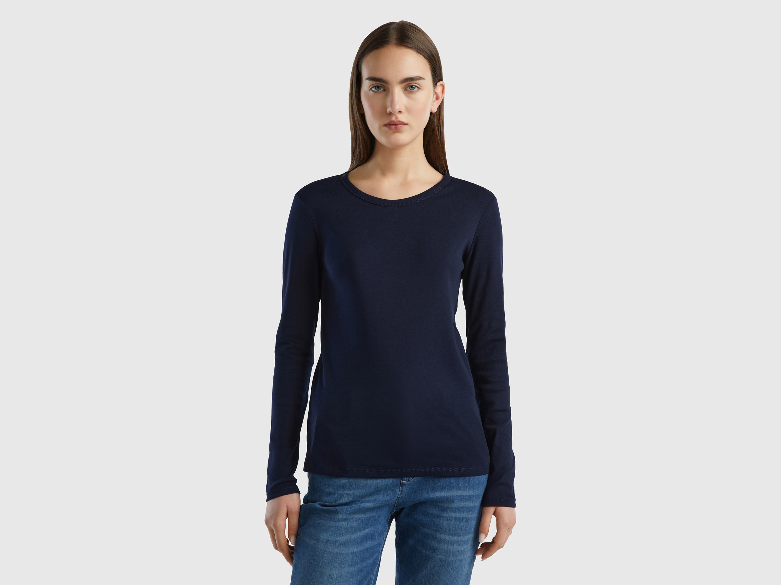 Benetton, T-shirt A Manica Lunga In Puro Cotone, Blu Scuro, Donna