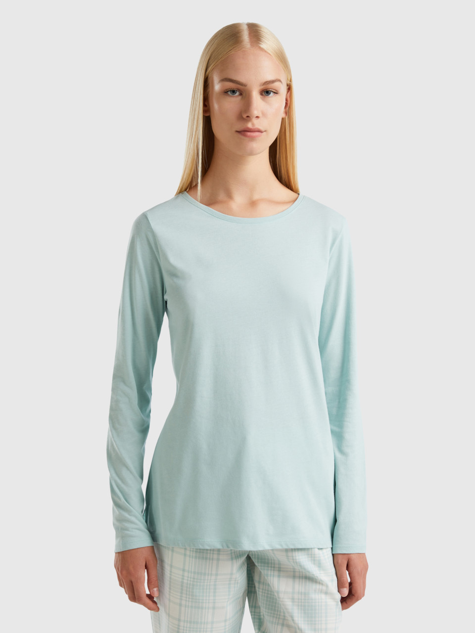 Benetton, T-shirt En Coton Longues Fibres, Bleu Vert, Femme