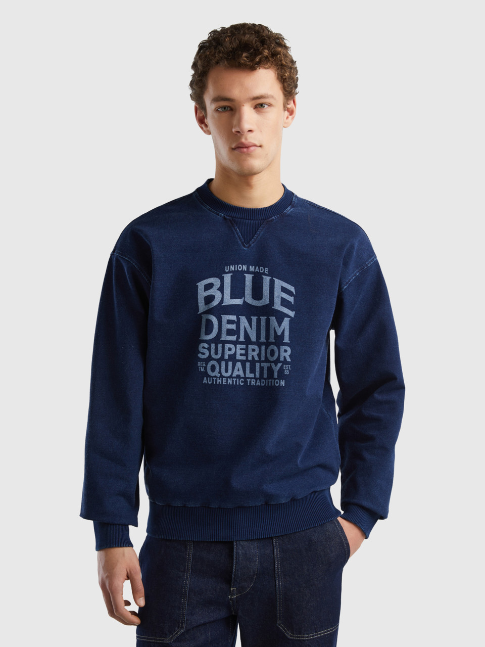 Benetton, Crew Neck Sweatshirt With Print, Blue, Men