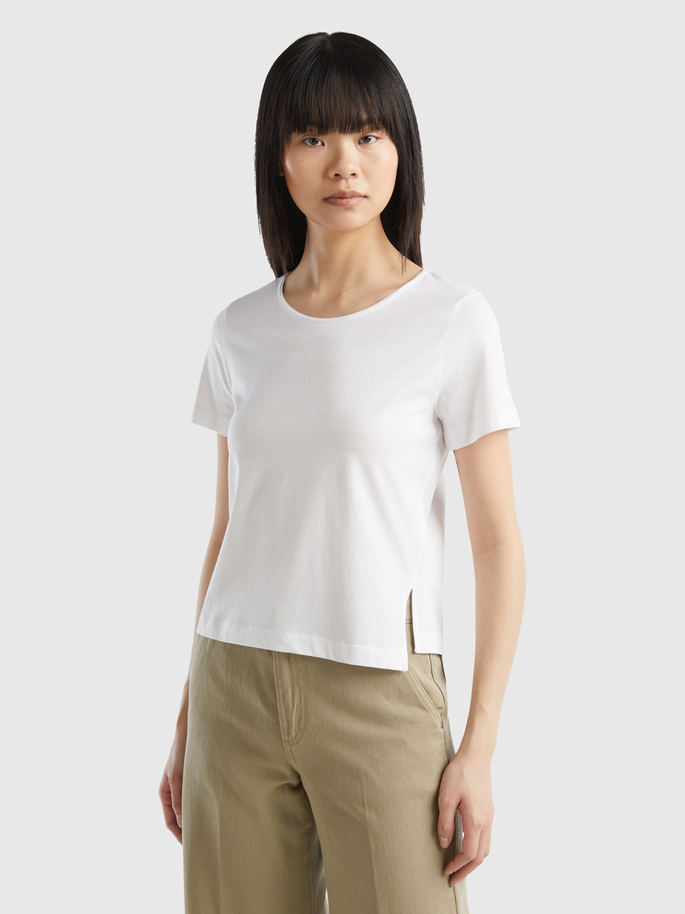 Benetton, Camiseta De Manga Corta Con Abertura, Blanco, Mujer