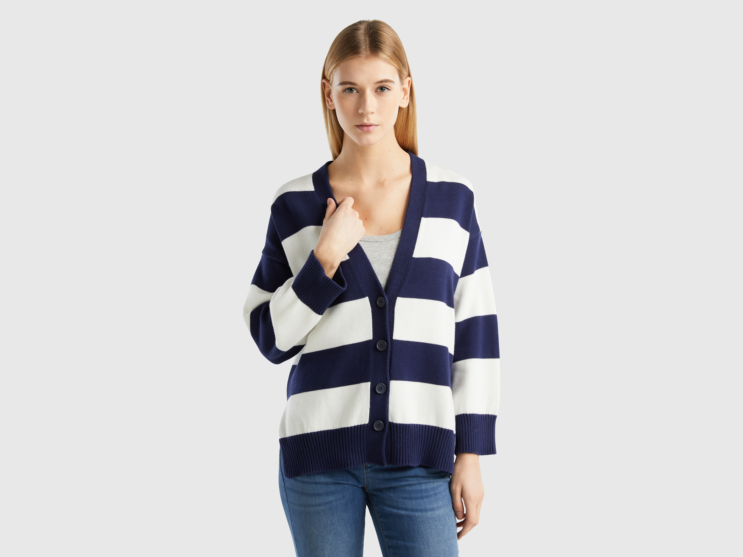 Benetton, Striped Cardigan In Tricot Cotton, size S, Dark Blue, Women