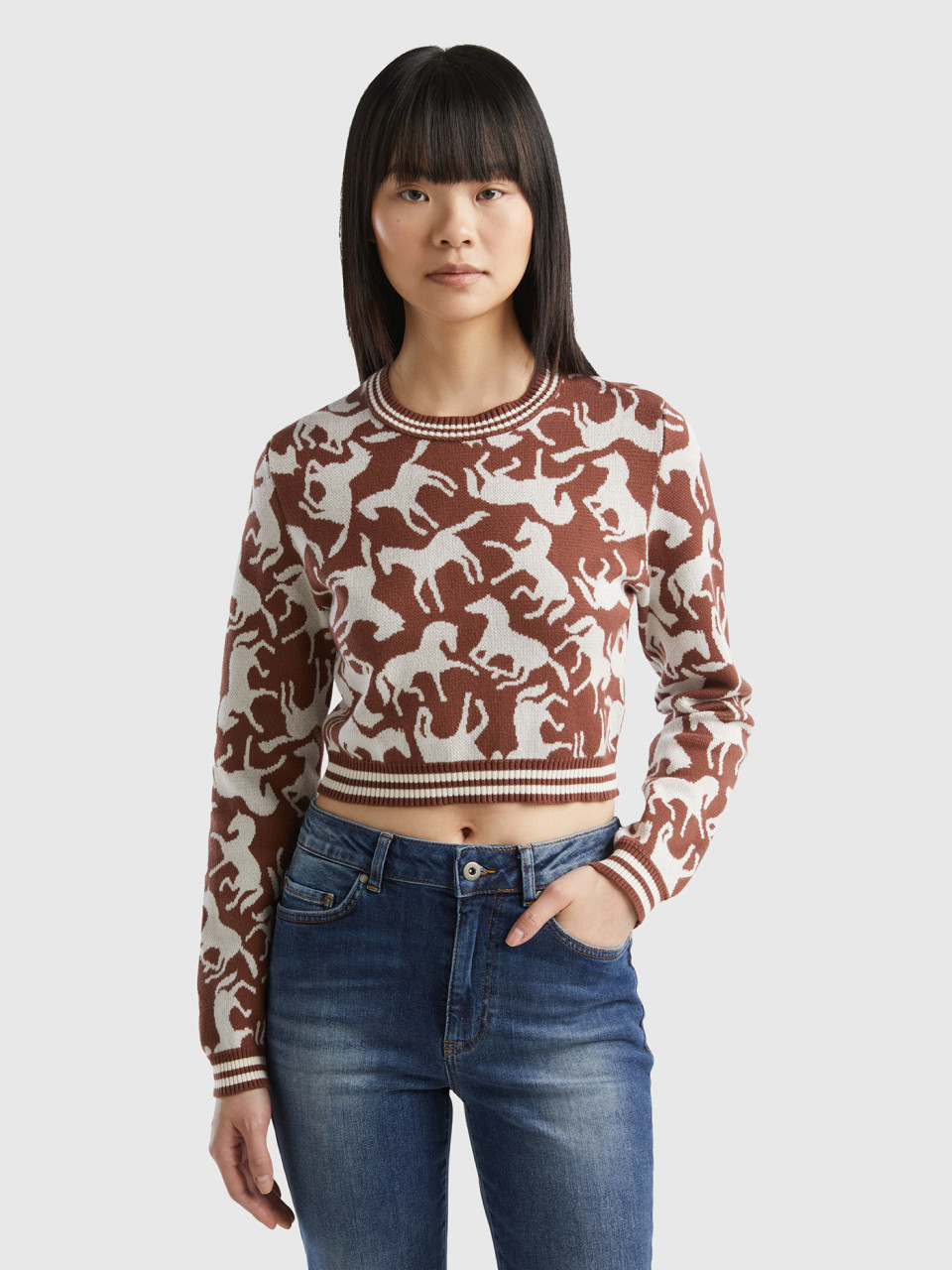 Benetton, Cropped Sweater With Horses, Brown, Women