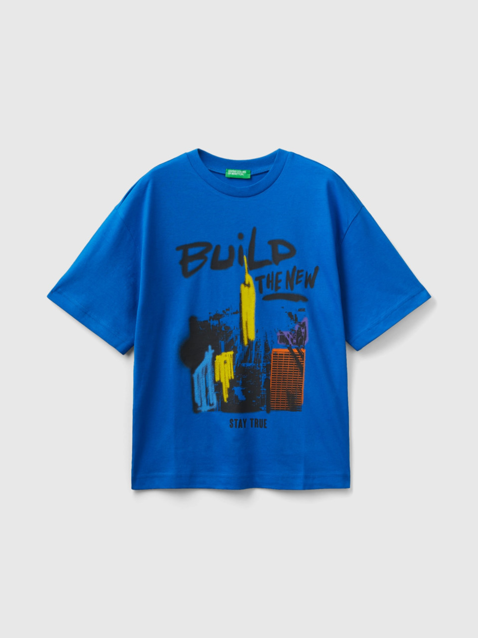 Benetton, Camiseta De Cuello Redondo Con Estampado, Azulado, Niños